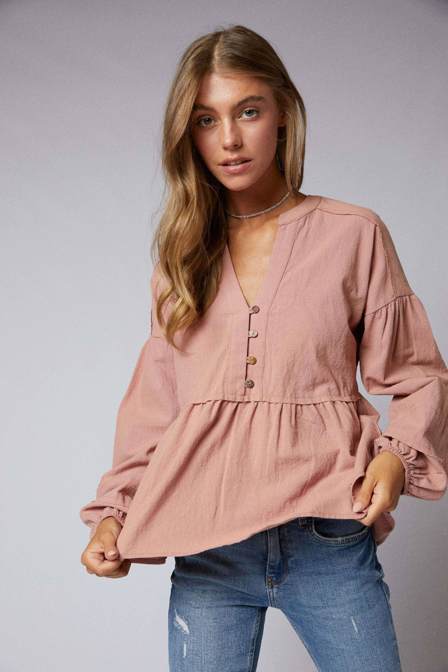 Half Placket Split Neck Baby Doll Top