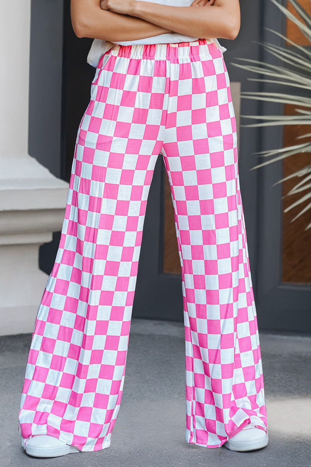 Checked Print High Waist Wide Leg Pants