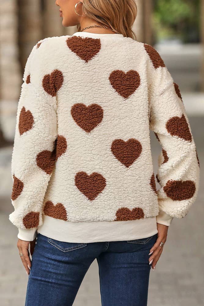 Heart Print Fleece Sweatershirt