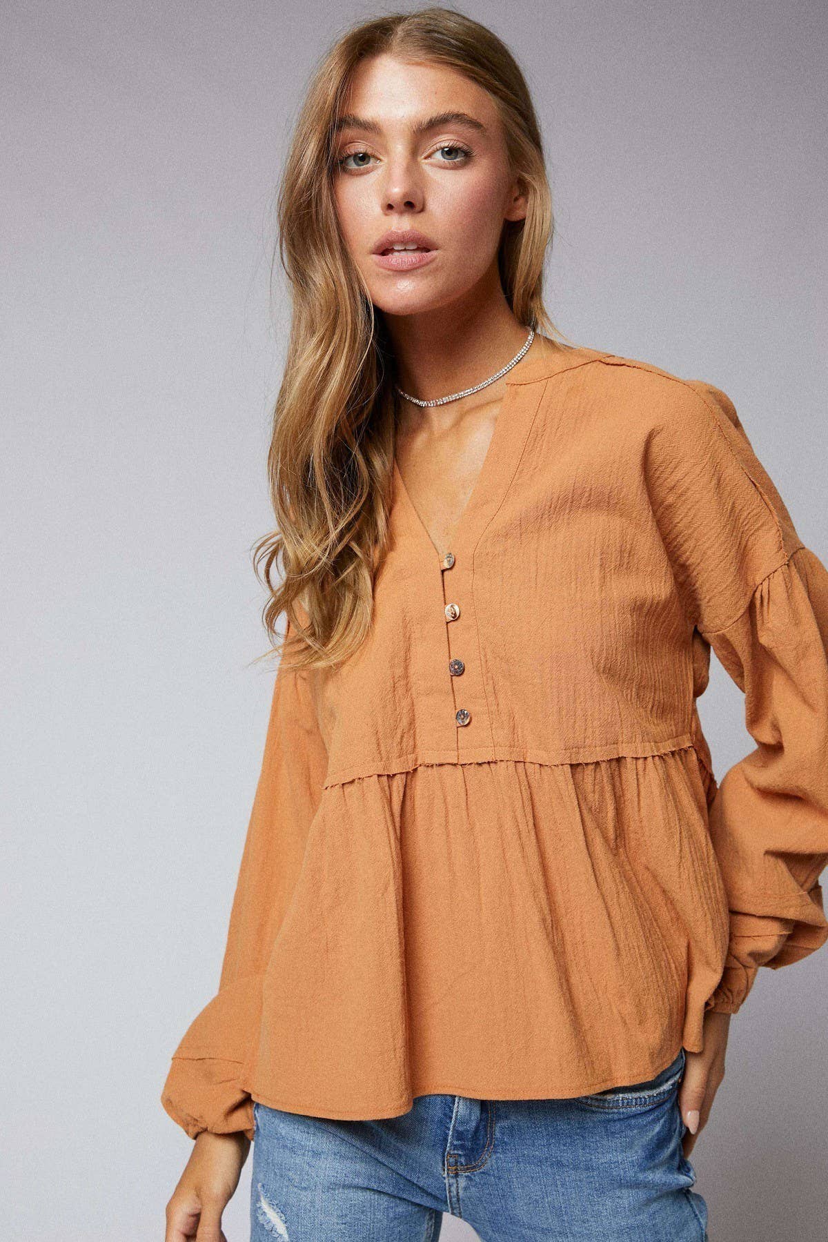 Half Placket Split Neck Baby Doll Top