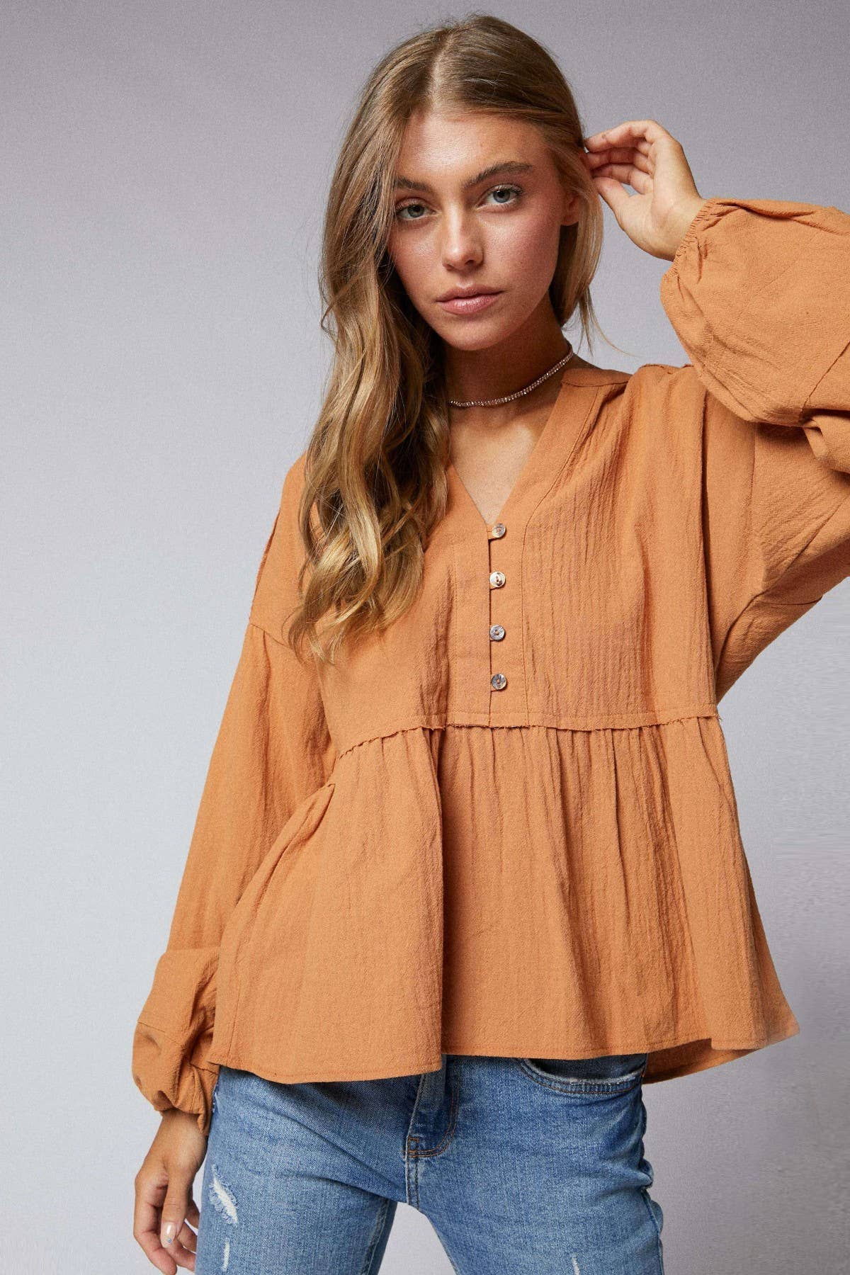 Half Placket Split Neck Baby Doll Top