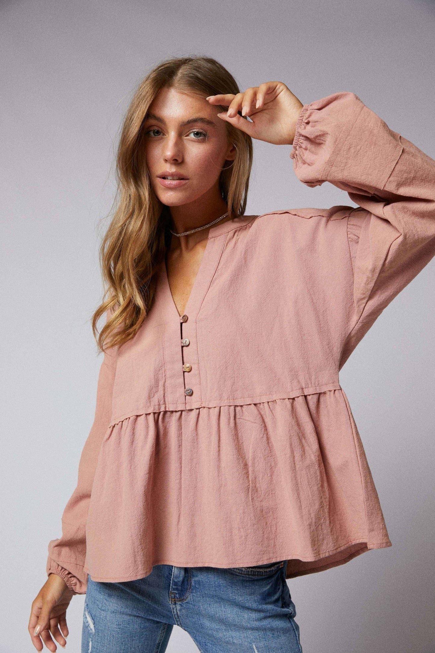 Half Placket Split Neck Baby Doll Top