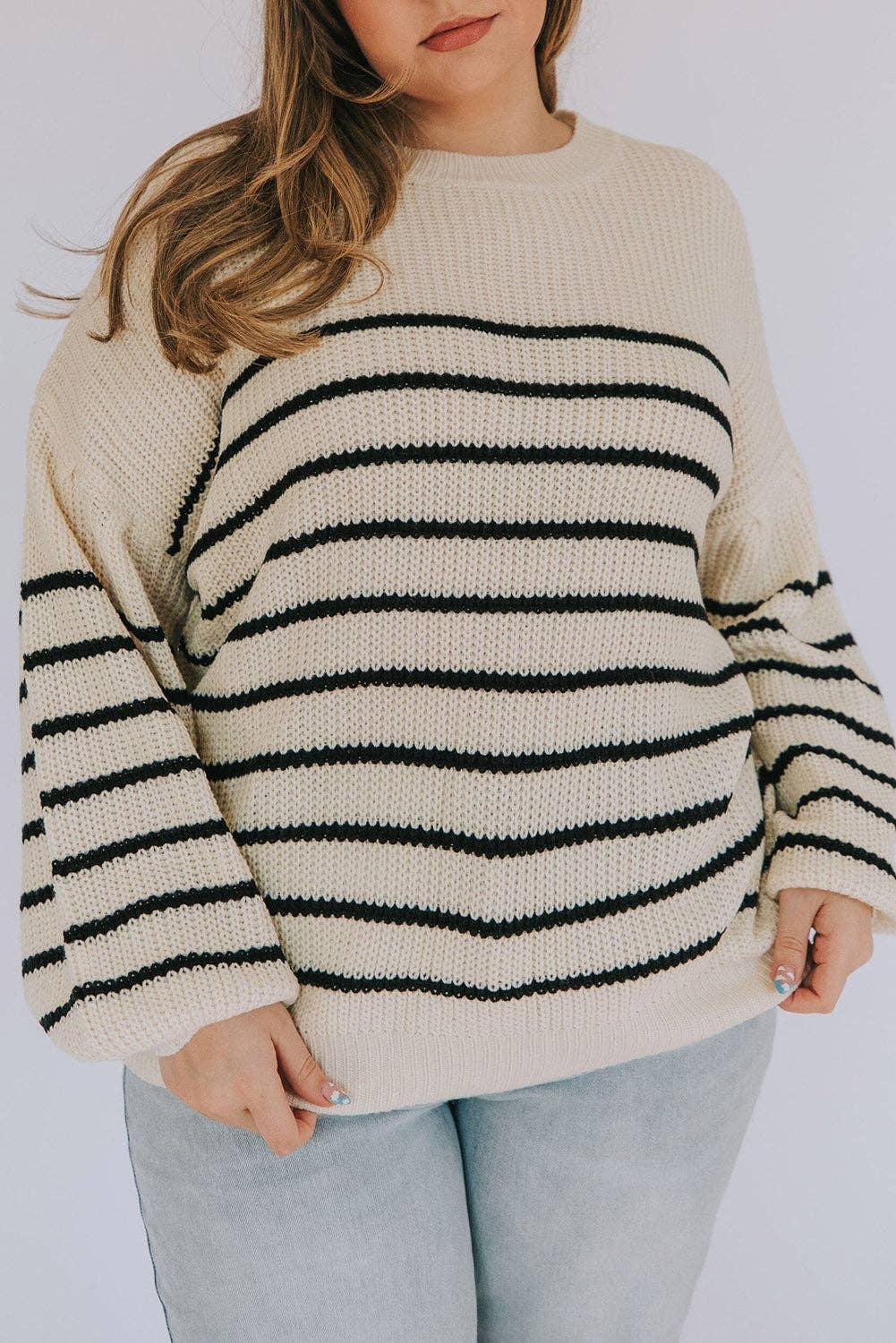 Khaki Plus Size Striped Drop Shoulder Puff Sleeve Sweater