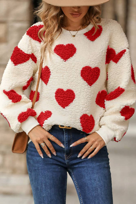 Heart Print Fleece Sweatershirt